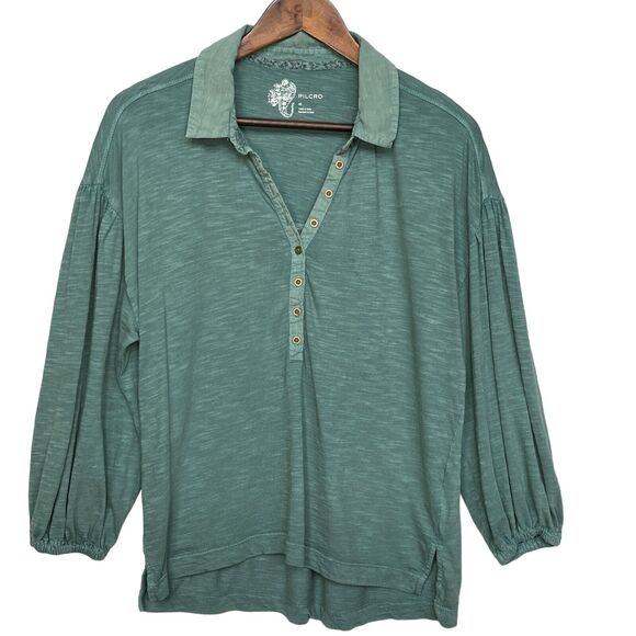 Anthropologie Pilcro Shirt Top Women XS Green Collared Washed 3/4 Balloon Sleeve - Picture 1 of 14